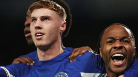 Cole Palmer and Raheem Sterling celebrate for Chelsea against Sheffield United at Stamford Bridge