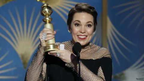 Actress Olivia Colman with her Golden Globe for best actress in a comedy for her role in The Favourite