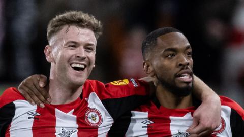 Ivan Toney celebrates scoring for Brentford against Nottingham Forest with team-mate Nathan Collins at the Gtech Community Stadium
