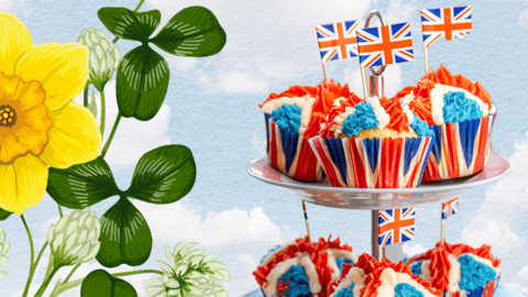 Union jack cakes against a background of illustrated flowers