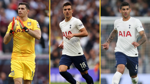 Aston Villa's Emiliano Martinez, Spurs' Giovani lo Celso and Cristian Romero