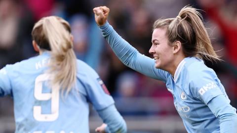 Lauren Hemp of Manchester City celebrates scoring her team's first goal against Leicester