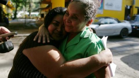 Maira Veronica Figueroa, who was sentenced to 30 years of jail under charges of abortion, embraces her mother as she is released from jail after the Supreme Court of El Salvador commuted her sentence, in IIopango, El Salvador March 13, 2018.