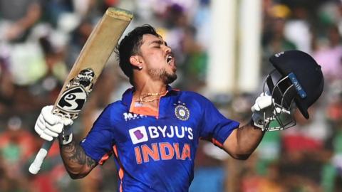 India batter Ishan Kishan roars in celebration after hitting a double century against Bangladesh