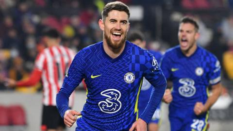 Jorginho celebrates scoring for Chelsea against Brentford in the Carabao Cup