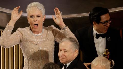 Jamie Lee Curtis reacts during Sunday's ceremony