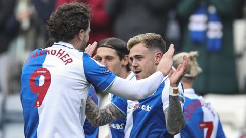 Sammie Szmodics celebrates scoring for Blackburn Rovers against Plymouth Argyle