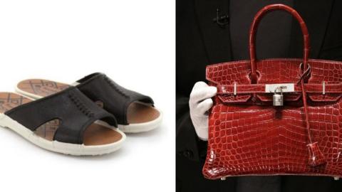 Composite image of Bata sandals and Birkin handbag