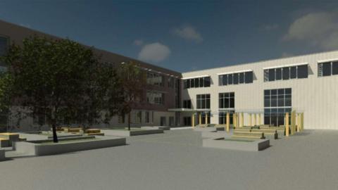 an architect's visualisation showing an open school courtyard and surrounding school buildings