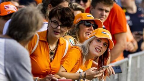 Fans on the track at a practice session ahead of the F1 Grand Prix of the Netherlands, Zandvoort, 24 August 2023