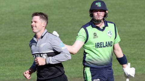 New Zealand's Lockie Ferguson celebrates a wicket against Ireland in the Men's T20 World Cup