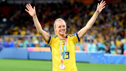 Sweden's Amanda Ilestedt celebrates after their third-place finish at the Women's World Cup