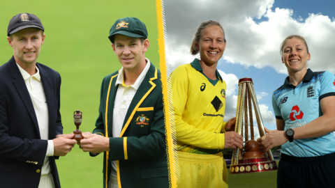 Joe Root and Tim Paine with the Ashes urn and Meg Lanning and Heather Knight with the Ashes trophy