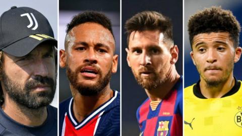 Juventus manager Andrea Pirlo, PSG forward Neymar, Barcelona forward Lionel Messi and Borussia Dortmund midfielder Jadon Sancho