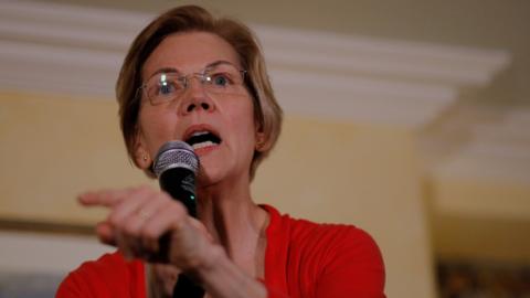 Senator Elizabeth Warren speaks at a house party in Concord, New Hampshire