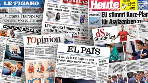 Front pages of European newspapers reporting on migration summit