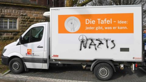 Essener Tafel van with "Nazis" graffiti, 26 Feb 18