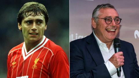 A split image of Michael Robinson while playing for Liverpool (left) and speaking at an event in his role as a pundit (right)