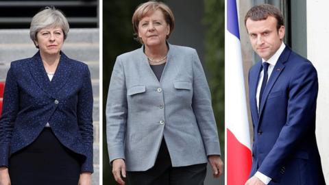 Theresa May, Angela Merkel and Emmanuel Macron (composite image)