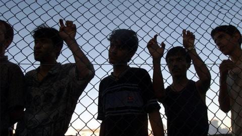 Asylum seekers on their first day in the compound at Nauru