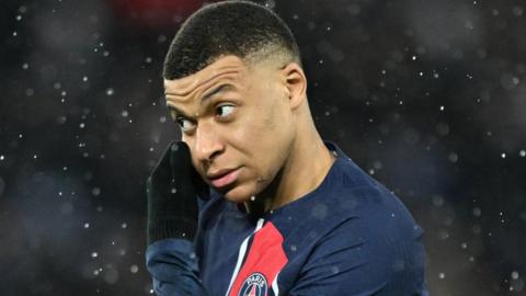 Kylian Mbappe reacts during PSG's game with Rennes