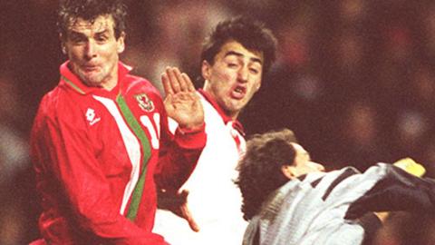 Mark Hughes in action for Wales against Turkey in 1996
