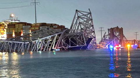 A view of the Singapore-flagged container ship 'Dali' after it collided with a pillar of the Francis Scott Key Bridge in Baltimore, Maryland, U.S., in this picture released on March 26, 2024. Harford County MD Fire & EMS/Handout via REUTERS