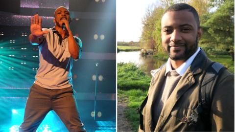 JB Gill - performing with JLS (left) and walking on the River Stour in Kent (right)
