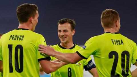 Czech Republic's Luka Provod, Vladimir Darida and Matj Vydra celebrate against Israel