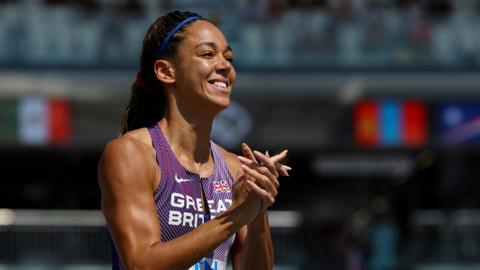 Katarina Johnson-Thompson smiles during the heptathlon javelin competition
