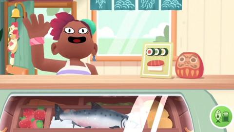 A person walks into a sushi restaurant in a scene from the game Toca Kitchen Sushi