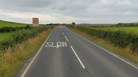 A road in the countryside. There are hedges and fields on either side, and a wind farm is visible in the distance. "Slow" is written on the road and there is a sign warning of blind bends.