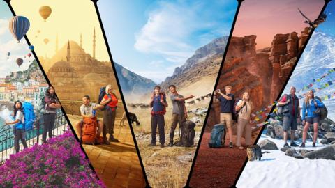 Edited image of the five Race Across the World 2026 Final teams. (Image: BBC/Studio Lambert)