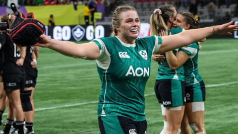 Lock Dorothy Wall celebrates after Ireland's shock victory over New Zealand