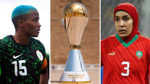 A triptych showing Rasheedat Ajibade in dark green Nigeria kit, the Women's Africa Cup of Nations trophy and Morocco defender Nouhaila Benzina in red kit and headscarf