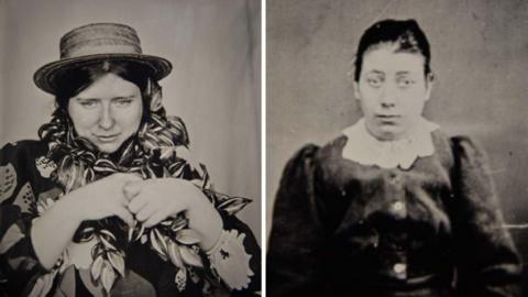 Two black and white photographs of woman with long black hair