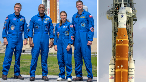A composite image with Artemis mission astronauts next to the rocket