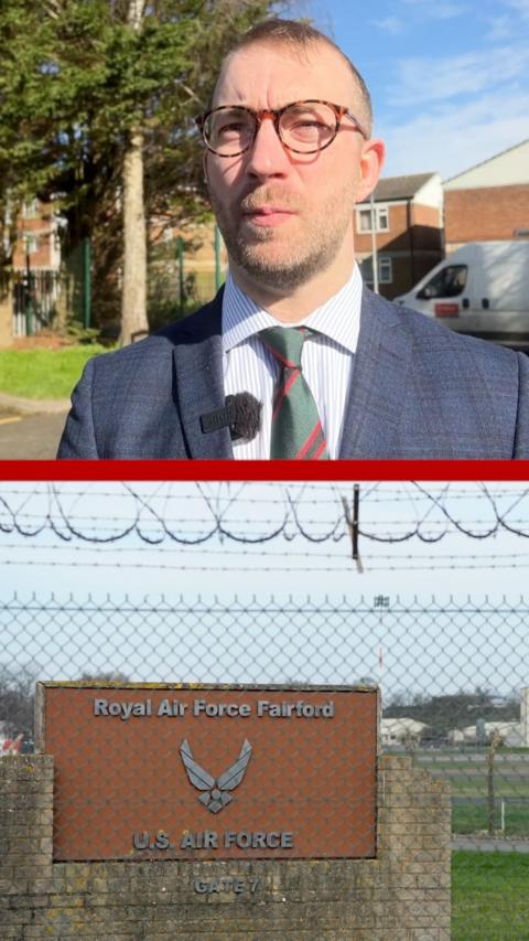 A picture in two halves shows a man wearing a suit and glasses in one half and a sign for the Royal Air Force Fairford in the lower half