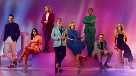 Fred Sirieix (far left) and Dame Laura Kenny (far right) will join BBC presenters (left to right) Isa Guha, Hazel Irvine, Clare Balding, Gabby Logan, Jeanette Kwakye and JJ Chalmers

