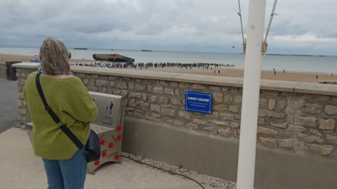 A woman looking out onto a beach with lots of people on it.  A wall separates the woman from the beach.  A blue plaque has been installed on the wall.