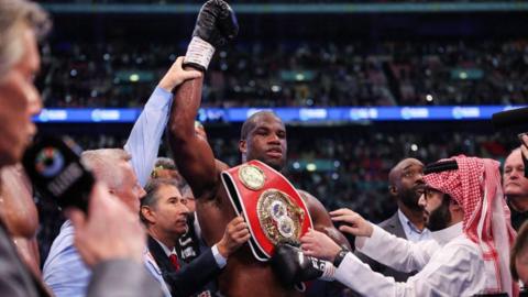 Daniel Dubois celebrating his victory over Anthony Joshua