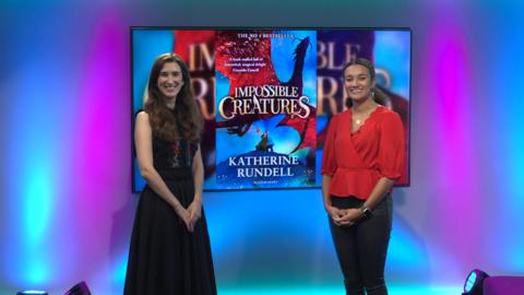 Nina on the Newsround set with Katherin Rundell