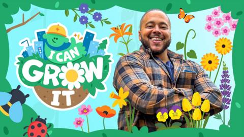Aaron with arms folded looking proud. I Can Grow It logo surrounded by illustrated flowers, a bee and a ladybird.