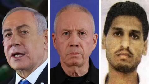 Three photos showing Israel's Prime Minister, Benjamin Netanyahu, the former Israeli minister Yoav Gallant, and a Hamas leader, Mohammed Deif 