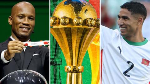 A triptych showing Didier Drogba holding a piece of paper saying Morocco, a colourful image of the Africa Cup of Nations trophy and a picture of Achraf Hakimi smiling while wearing a white Morocco shirt