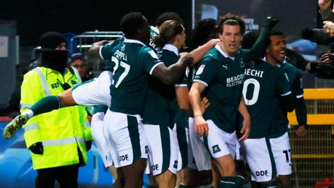 Plymouth celebrate their goal at Stevenage