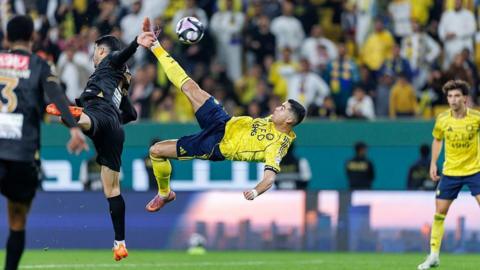 Cristiano Ronaldo Al-Nassr FC scores their fourth goal during the Saudi Pro League match between Al Nassr and Al Khaleej