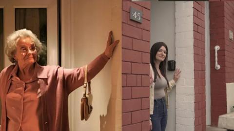 Two pictures side by side of two different women stood ouytside the same front door. On the left is an older woman wearing all pink. On the right is a woman with long brown hair wearing jeans, a brown top and cream cardigan.