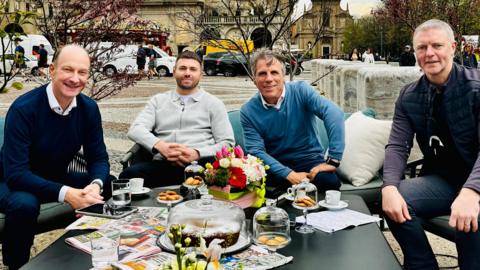 BBC Sport NI's Stephen Watson with Stuart Dallas, Gianfranco Zola and Stephen Craigan 