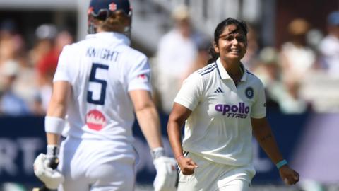 Sayali Satghare of India celebrates after dismissing Heather Knight